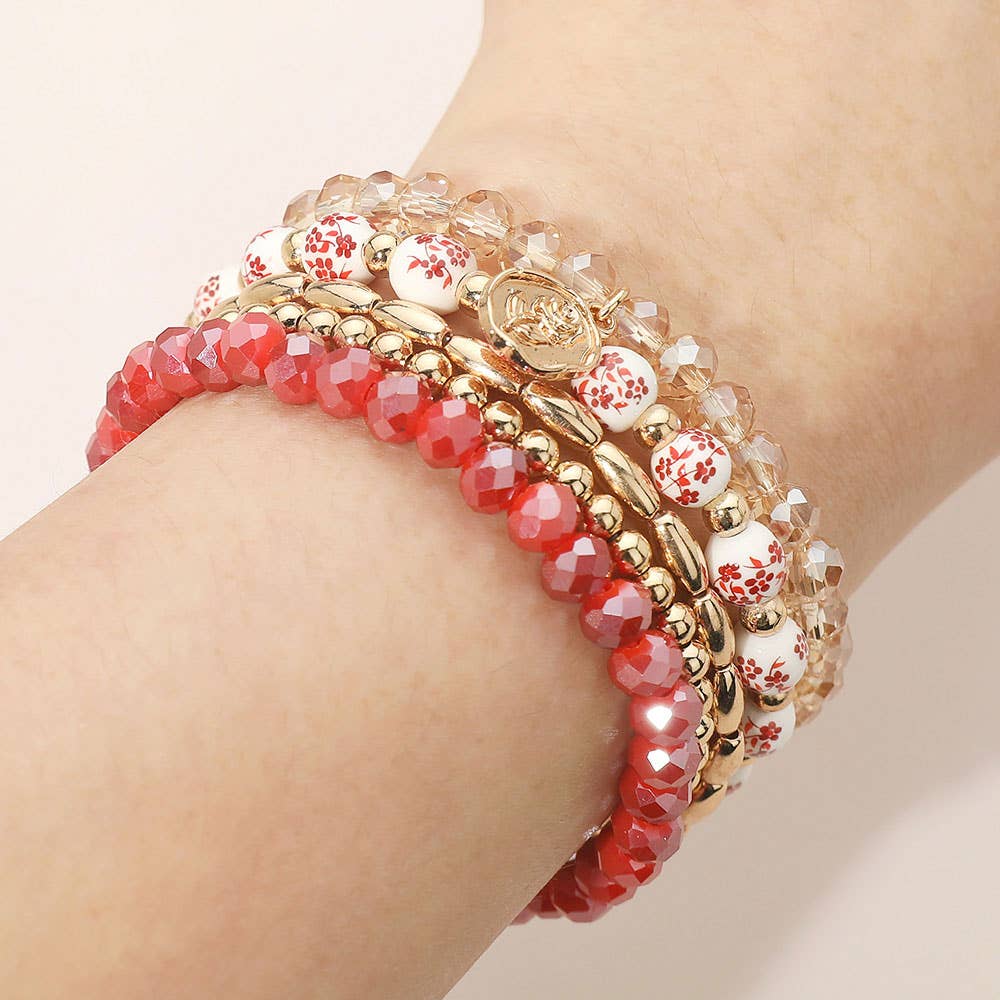 5PCS - Flower Stem Embossed Oval Charm Faceted Beaded Stretch Multi Layered Bracelets