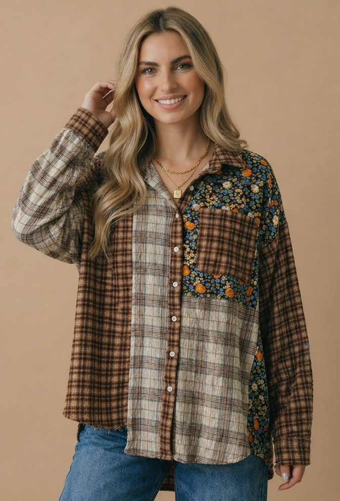 Plus Button Down Color Block Oversized Top