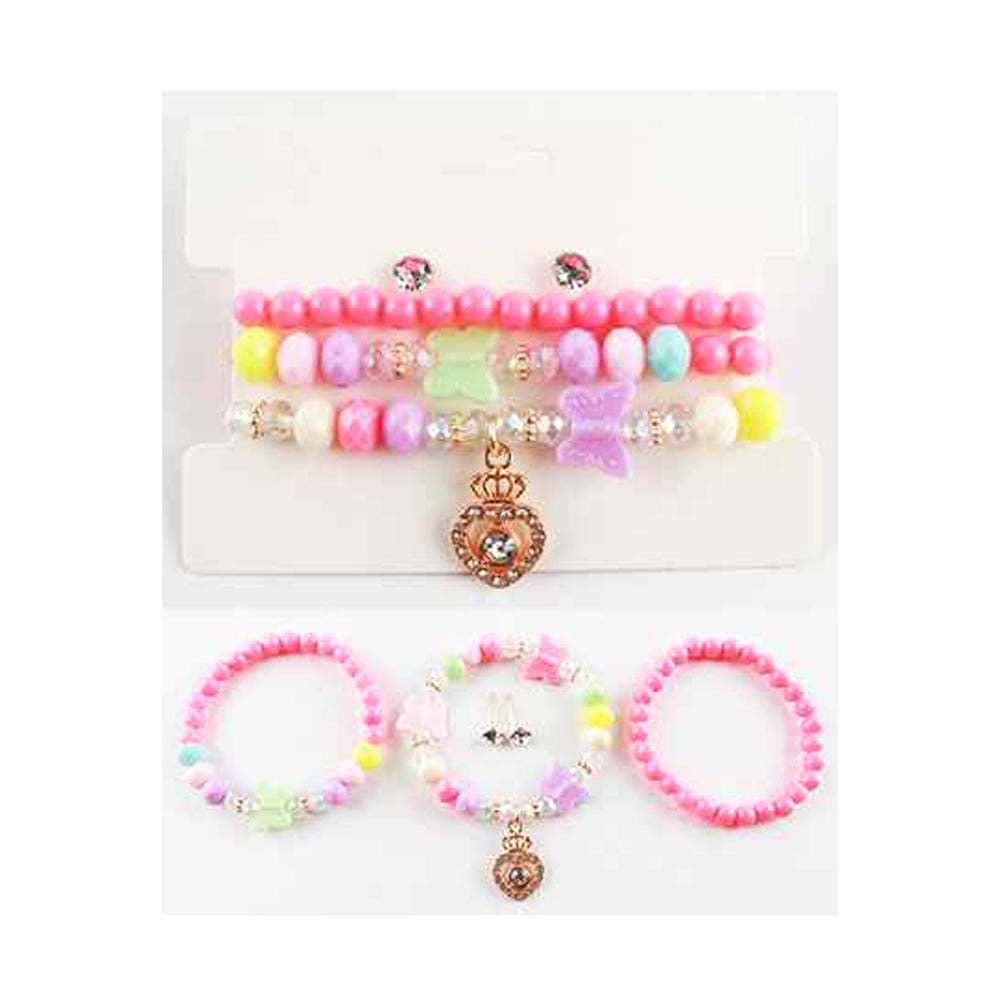 12 SET OF 4 - Kids Heart Charm Butterfly Beaded Stretch Bracelet Earring Set