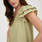 V NECK WAVY TRIM RUFFLE SLEEVE TOP