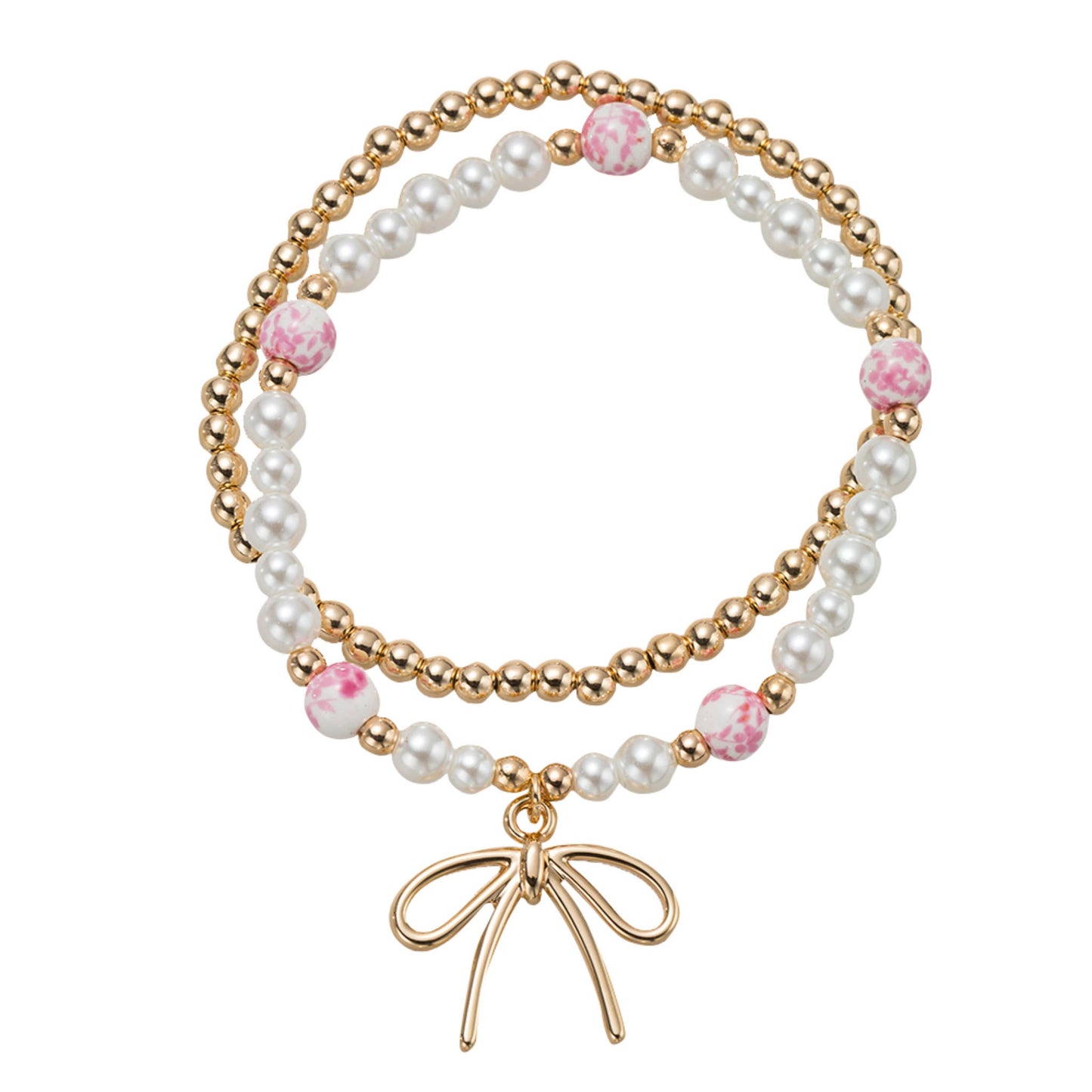 Kids Pearl, Pink Floral Bead, Set of 2 Bracelet with Bow