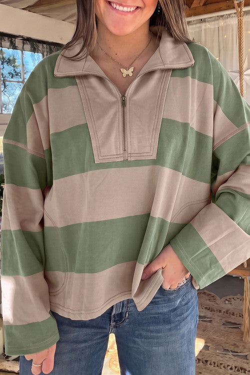 Green Striped Colorblock Zipper Pullover