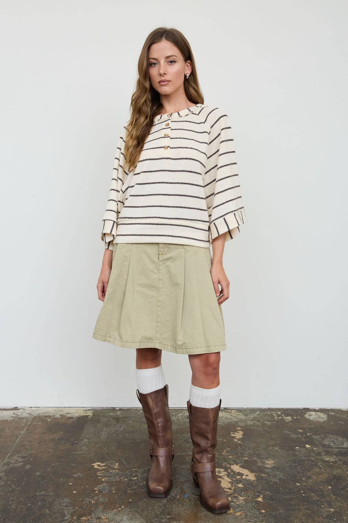 STRIPE HENLEY WIDE LONG SLEEVE KNIT TOP