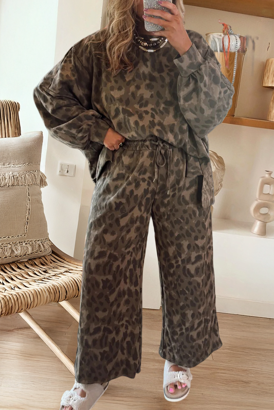 Brown Leopard Print Patchwork Pullover Drawstring Loose Pant Set