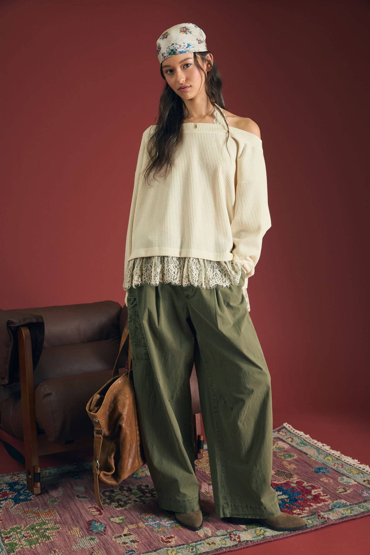 LAYERED HALTER LACE NECK OFF-SHOULDER KNIT TOP