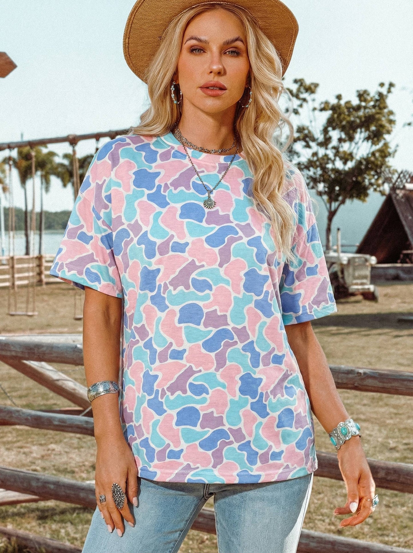 Western Summer Camouflage Print Preppy Fashion Tunic Tee