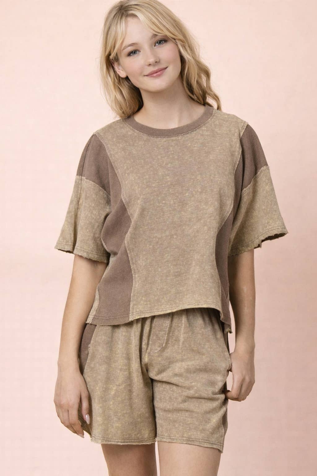 Mineral Washed Casual Knit Top & Short Plus Sized