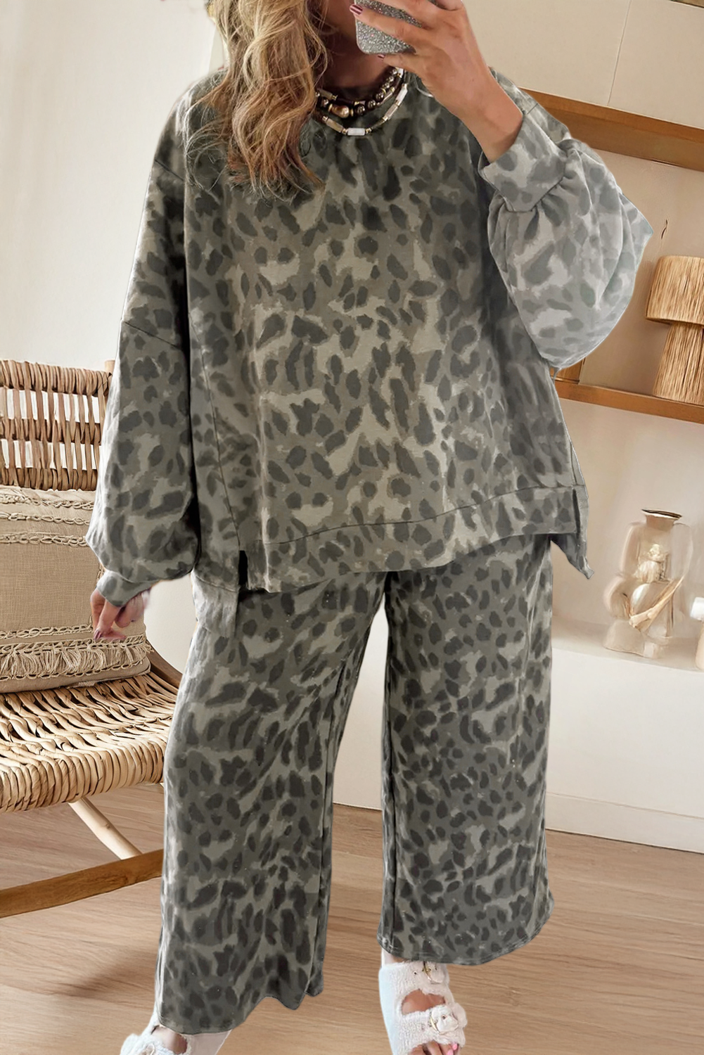 Brown Leopard Print Patchwork Pullover Drawstring Loose Pant Set