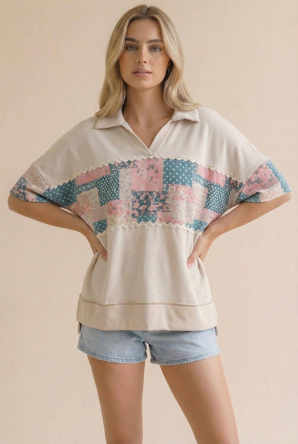 Collared Notch Neck Floral Patchwork Print Top
