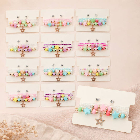 12 SET OF 4 - Kids Star Charm Beaded Stretch Bracelet Earring Set