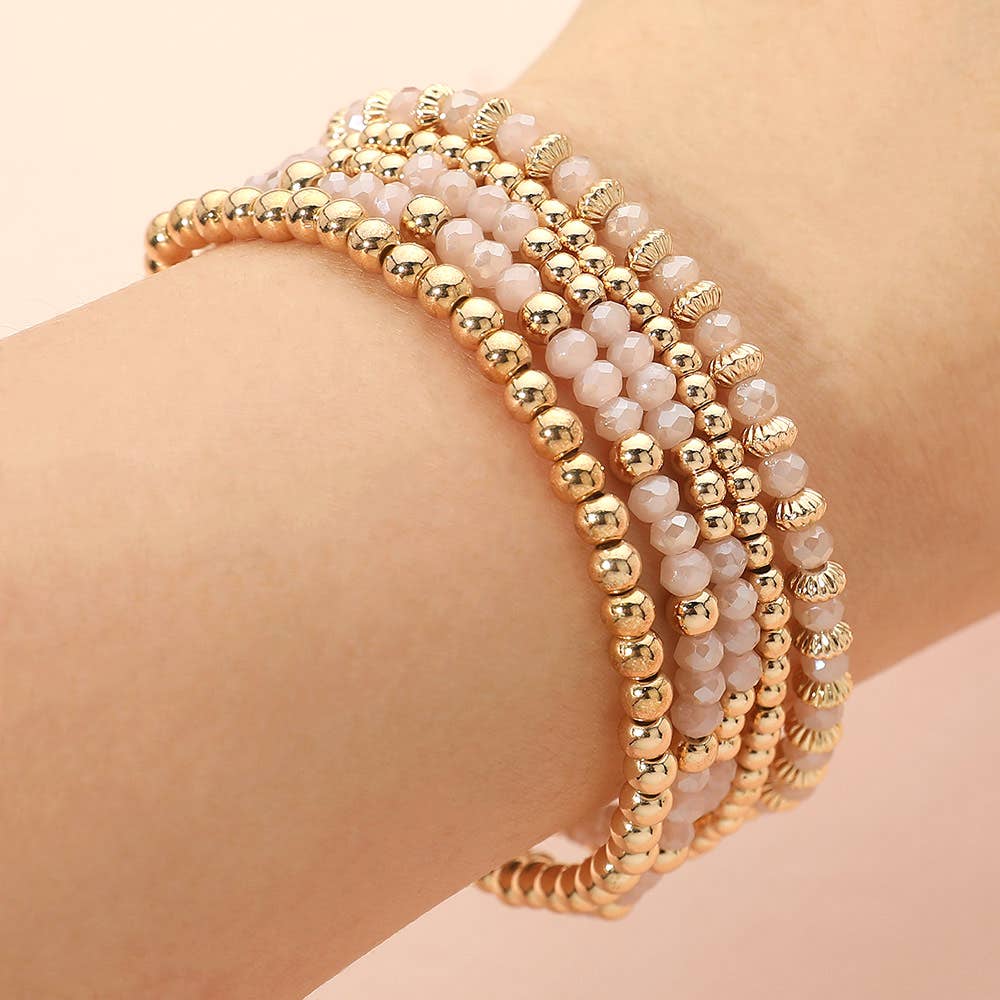 5PCS - Metal Ball Faceted Beaded Stretch Stackable Multi Layered Bracelets