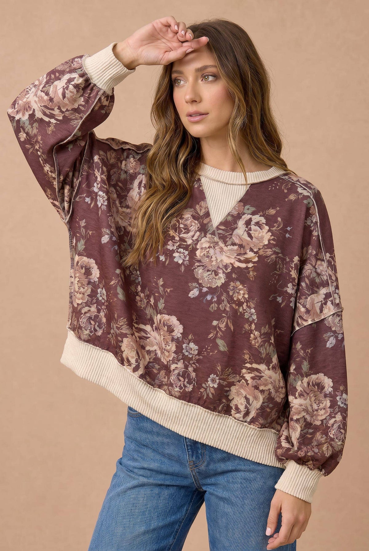 Color Block Floral Pullover Knit Top