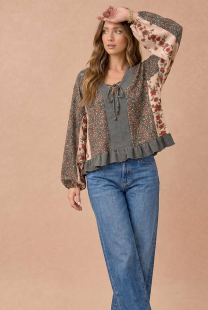 Plus Floral Patchwork Tie Front Ruffle Hem Top