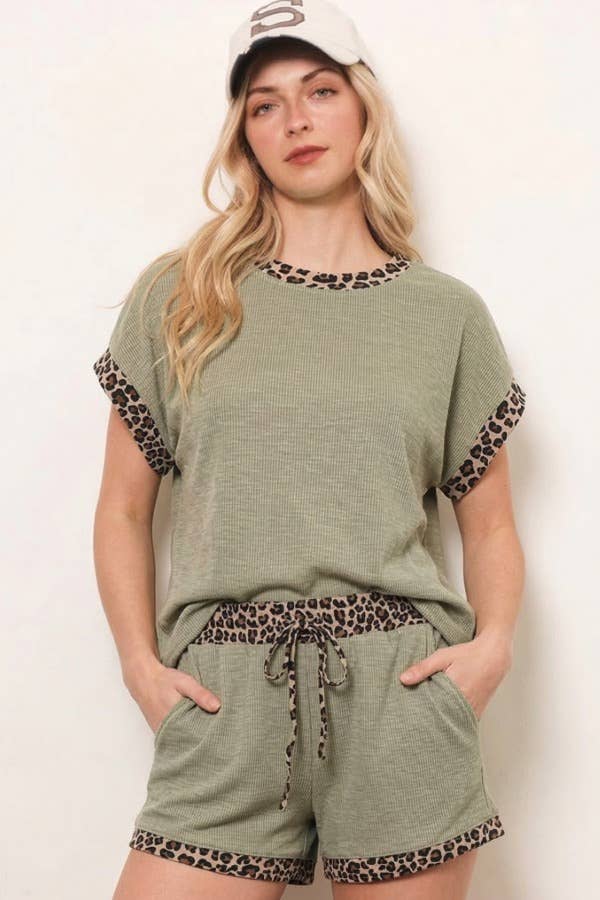 Leopard Print Trim Waffle Knit Loungewear Set