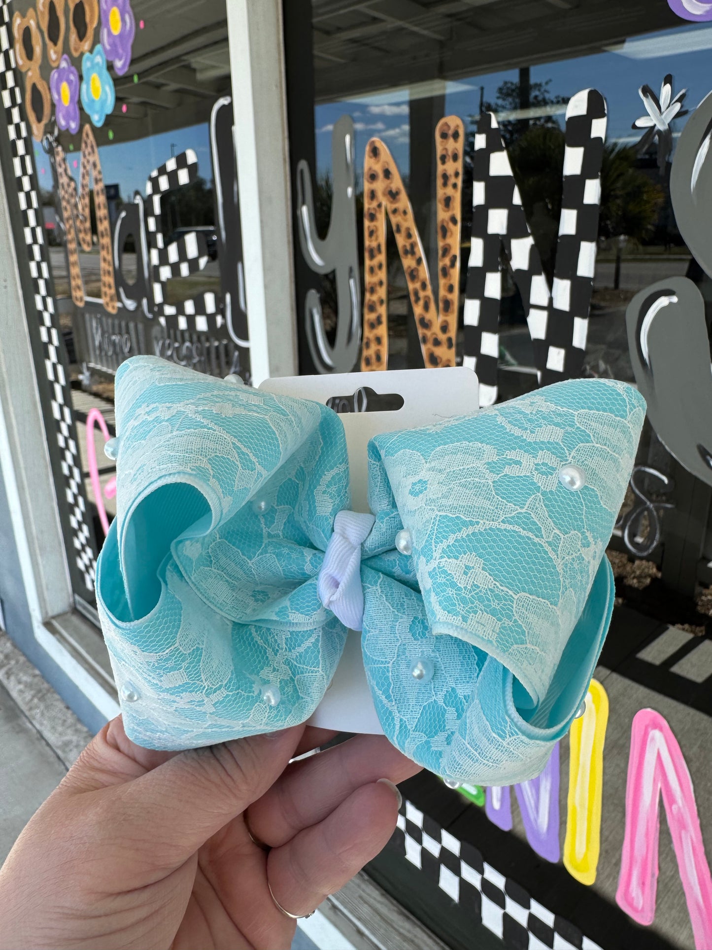 Blue with White Lace and Pearl Accents Glitter Bow - Alligator Clip