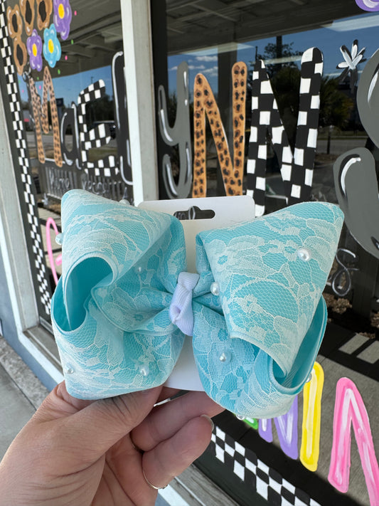 Blue with White Lace and Pearl Accents Glitter Bow - Alligator Clip