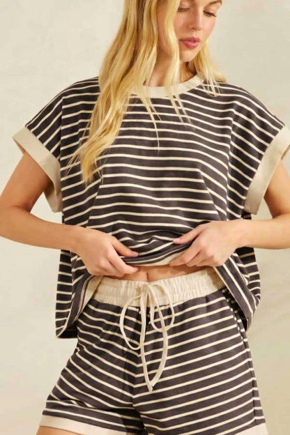 Contrast Striped Round Neck Top & Shorts Set Loungewear