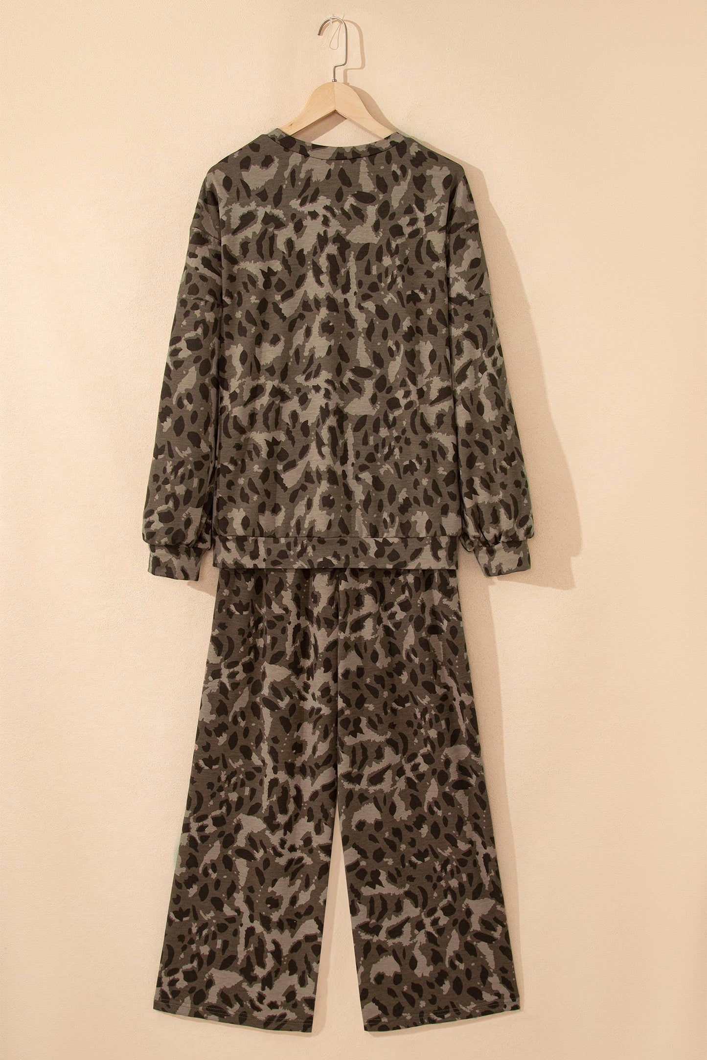 Brown Leopard Print Patchwork Pullover Drawstring Loose Pant Set