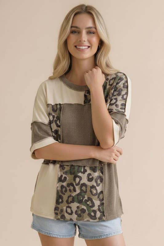 Camo Animal Print Color Block Top