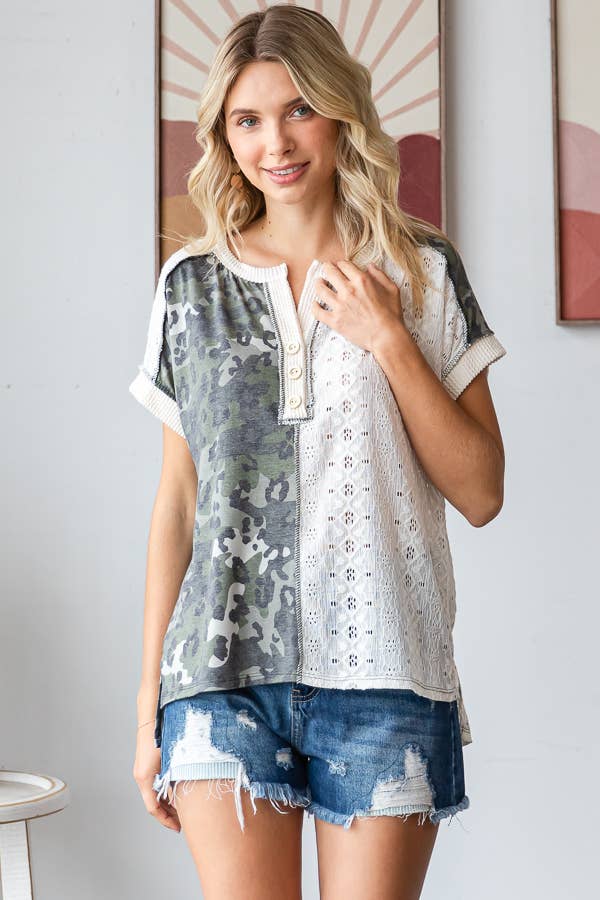 Camo Animal Lace Contrast Button Front Short Sleeve