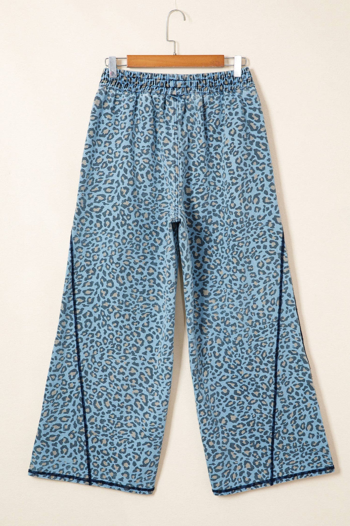 Leopard Print Exposed Seam Detail Wide Leg Drawstring Jeans
