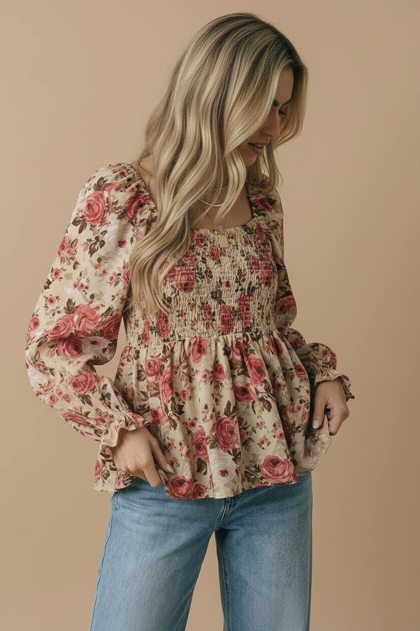 Plus V Neck Floral Babydoll Smocking Fit Top