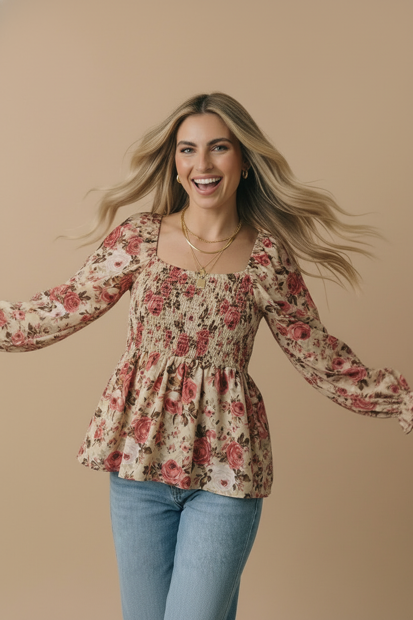 Plus V Neck Floral Babydoll Smocking Fit Top