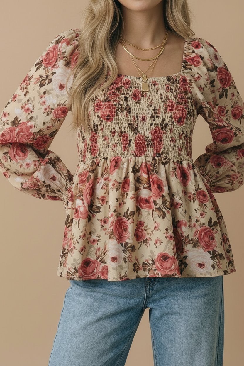 Plus V Neck Floral Babydoll Smocking Fit Top