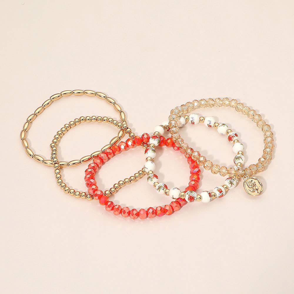 5PCS - Flower Stem Embossed Oval Charm Faceted Beaded Stretch Multi Layered Bracelets