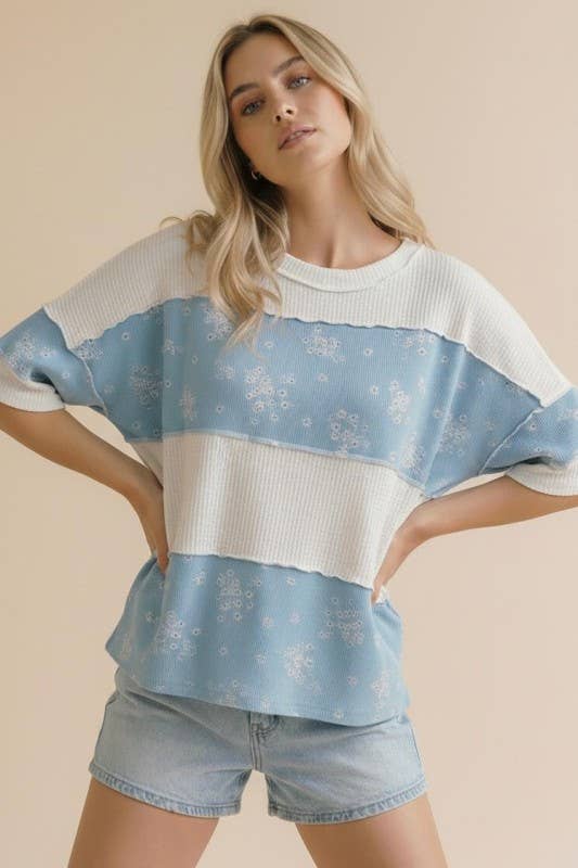 Short Sleeve Solid Rib Floral Color Block Top