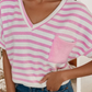 Spring Stripe V Neck Patched Pocket Casual T Shirt