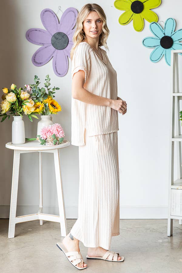 Textured V neck Top And Wide Leg Lounge Set