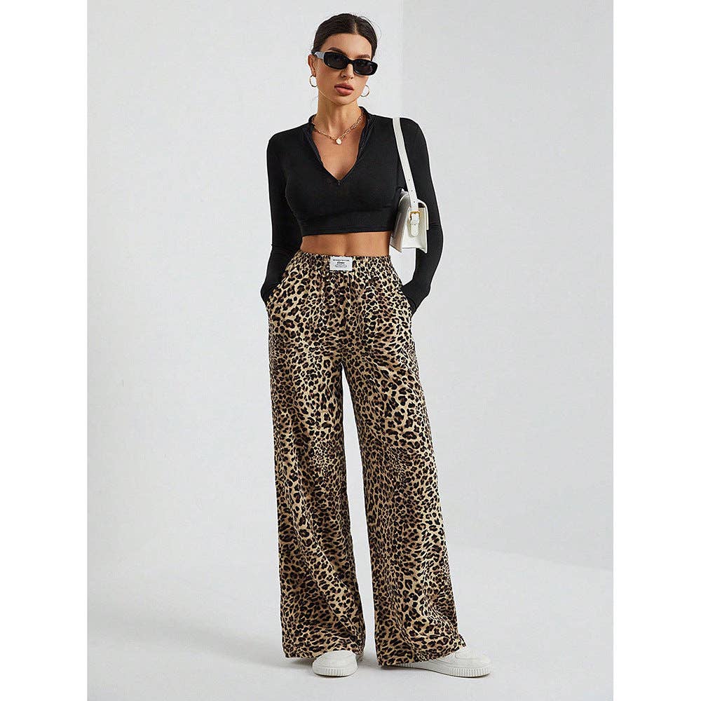 Leopard Print Wide Leg Pants High Waist Casual Trousers