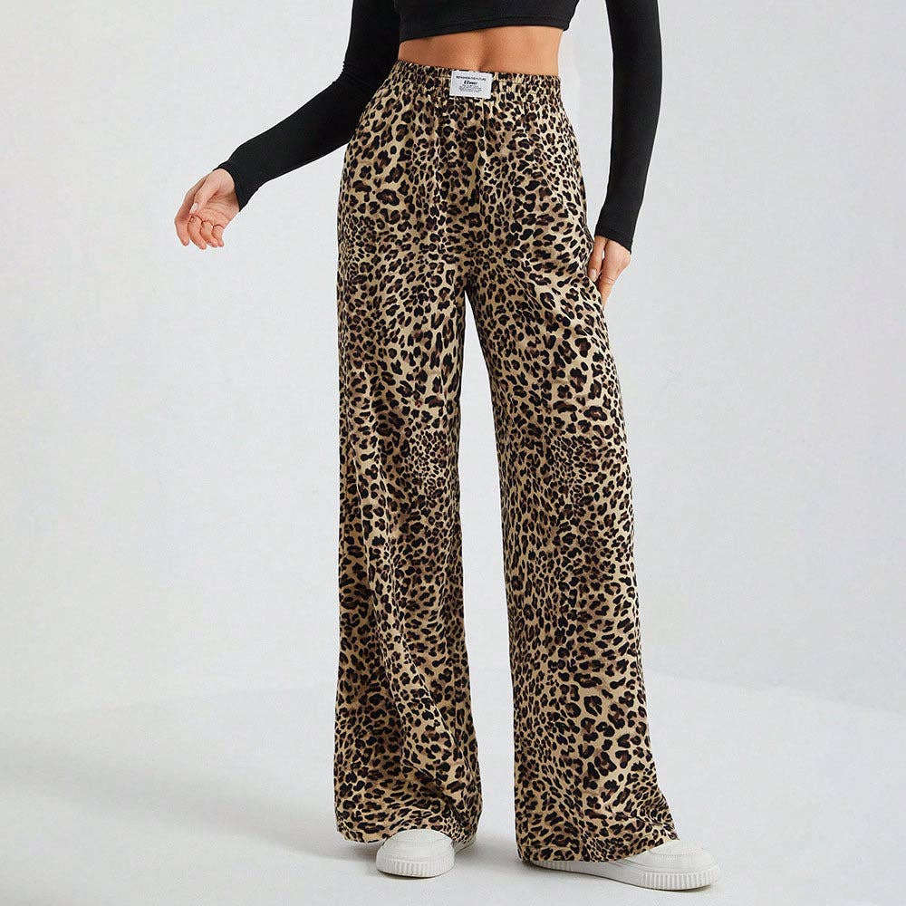 Leopard Print Wide Leg Pants High Waist Casual Trousers