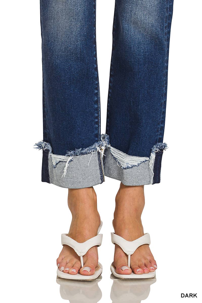 0303 Cuffed Distressed Hem Denim Pants SI-28860 Zenana
