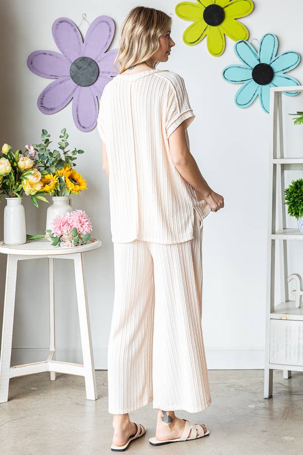Textured V neck Top And Wide Leg Lounge Set