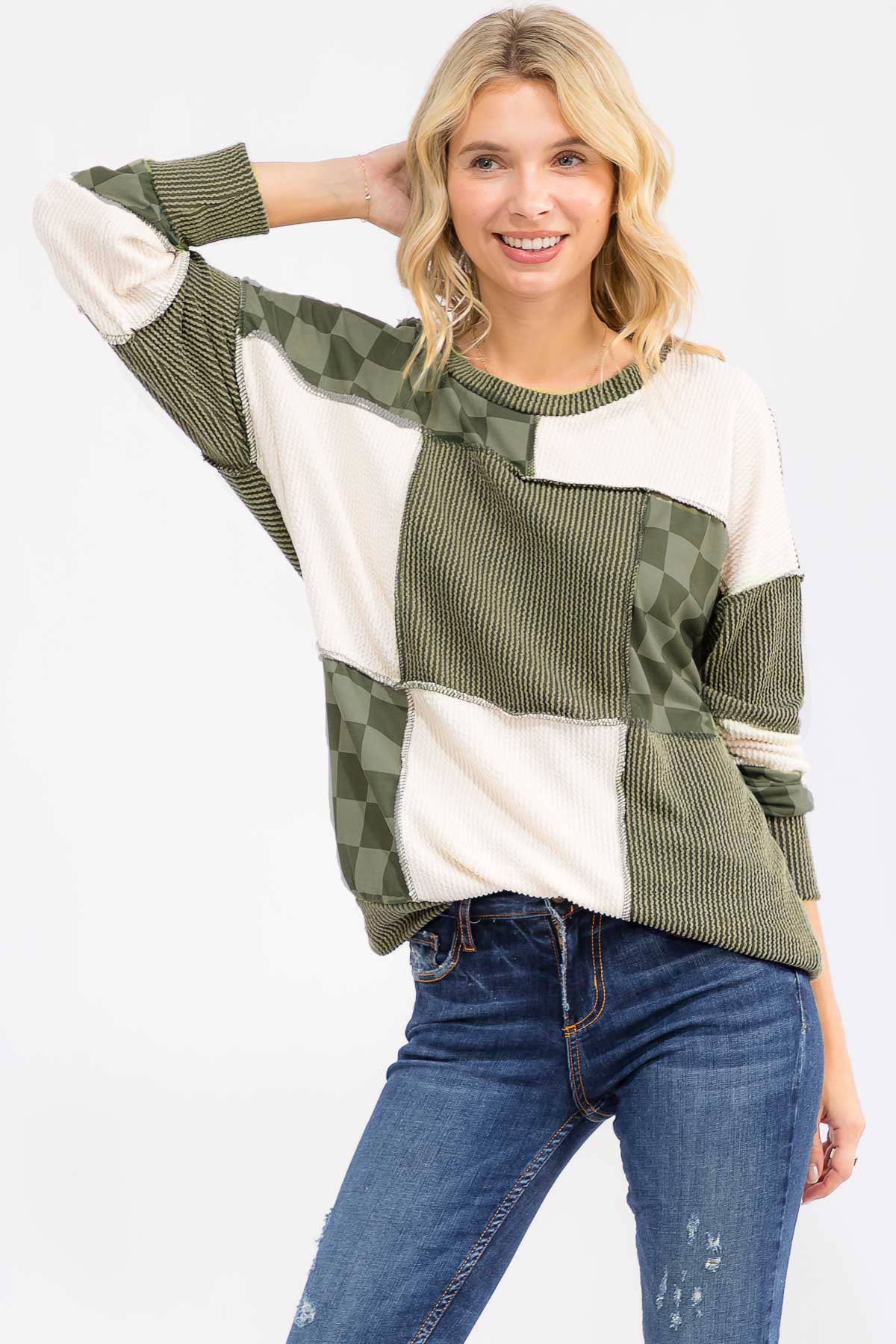 Patchwork Rib And Checkerboard Pullover Top