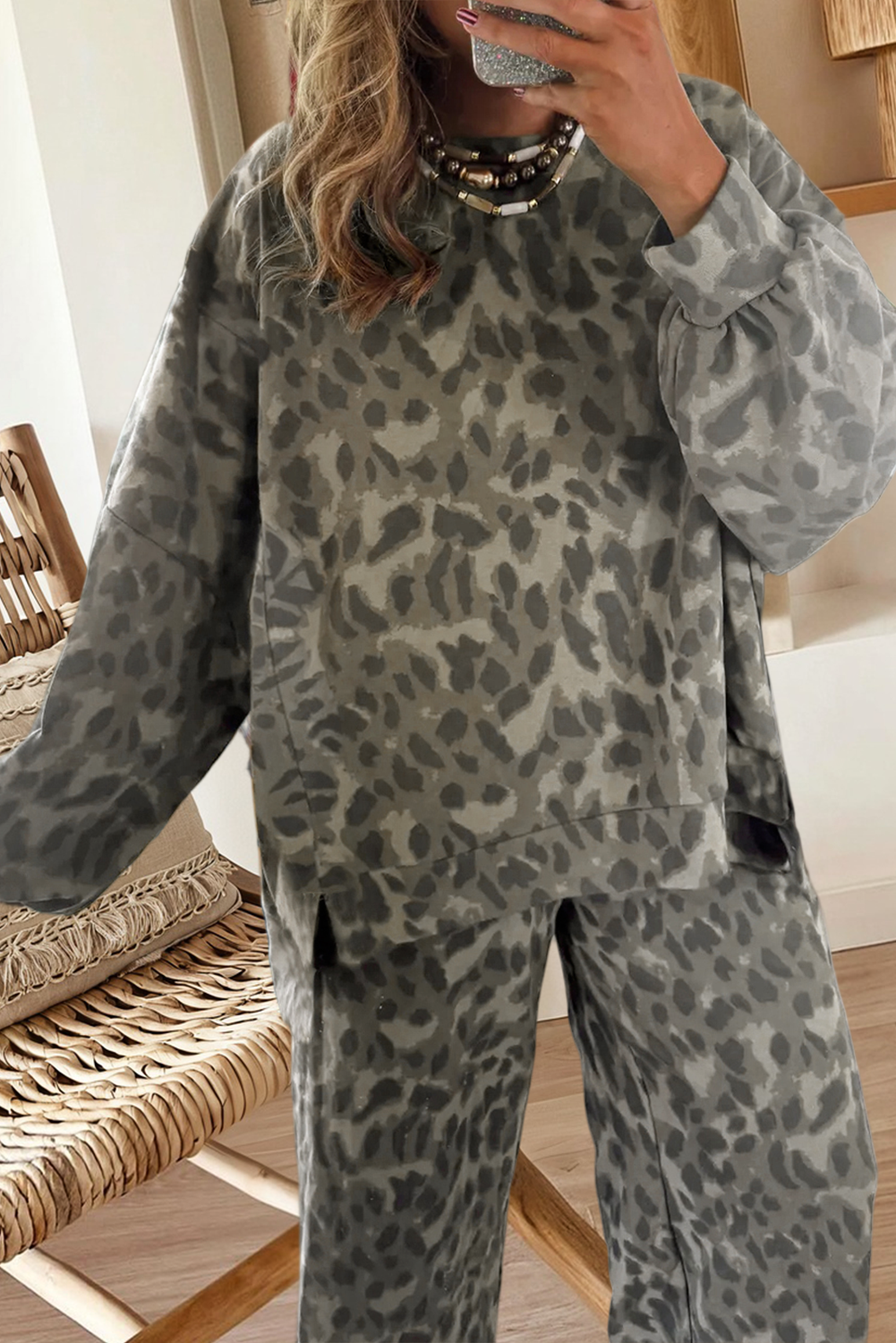 Brown Leopard Print Patchwork Pullover Drawstring Loose Pant Set