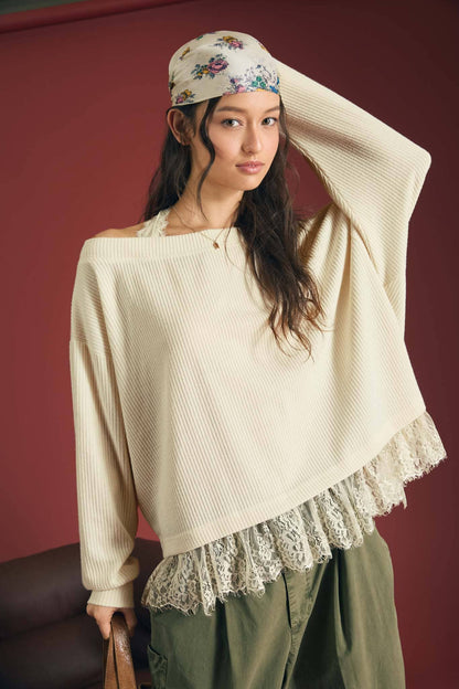 LAYERED HALTER LACE NECK OFF-SHOULDER KNIT TOP