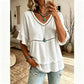 Boho Linen V Neck Blouse Eyelet Ruffle Sleeve