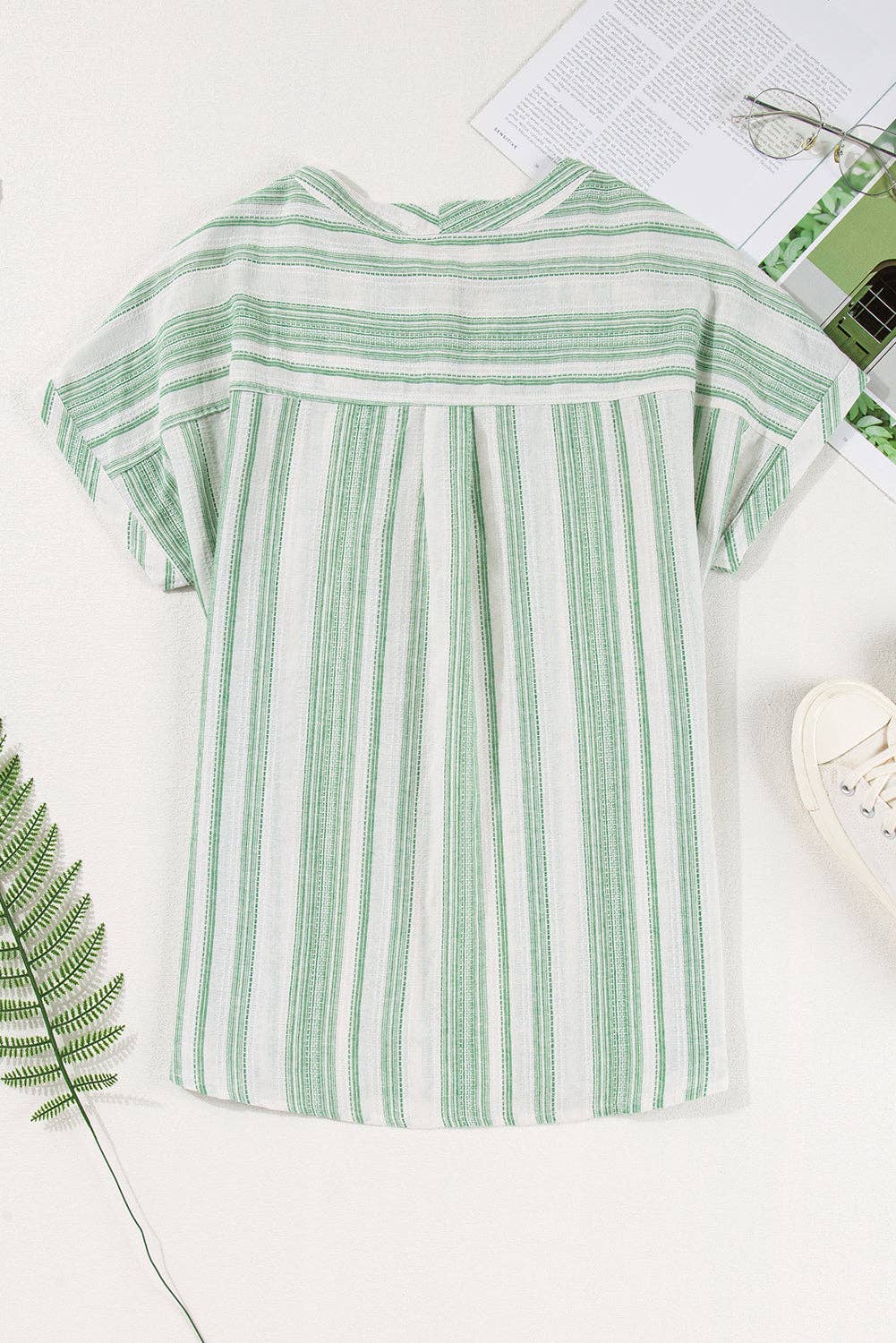 Stripe Half Buttoned Short Sleeve Blouse