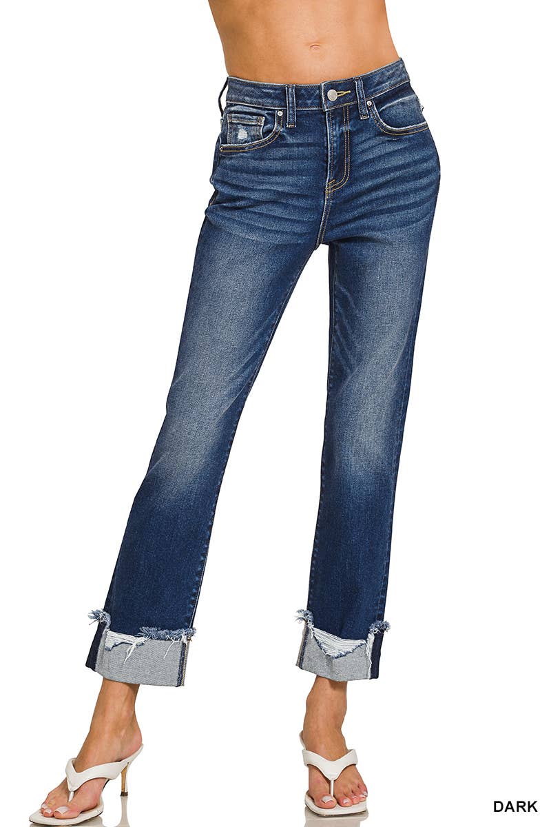 0303 Cuffed Distressed Hem Denim Pants SI-28860 Zenana