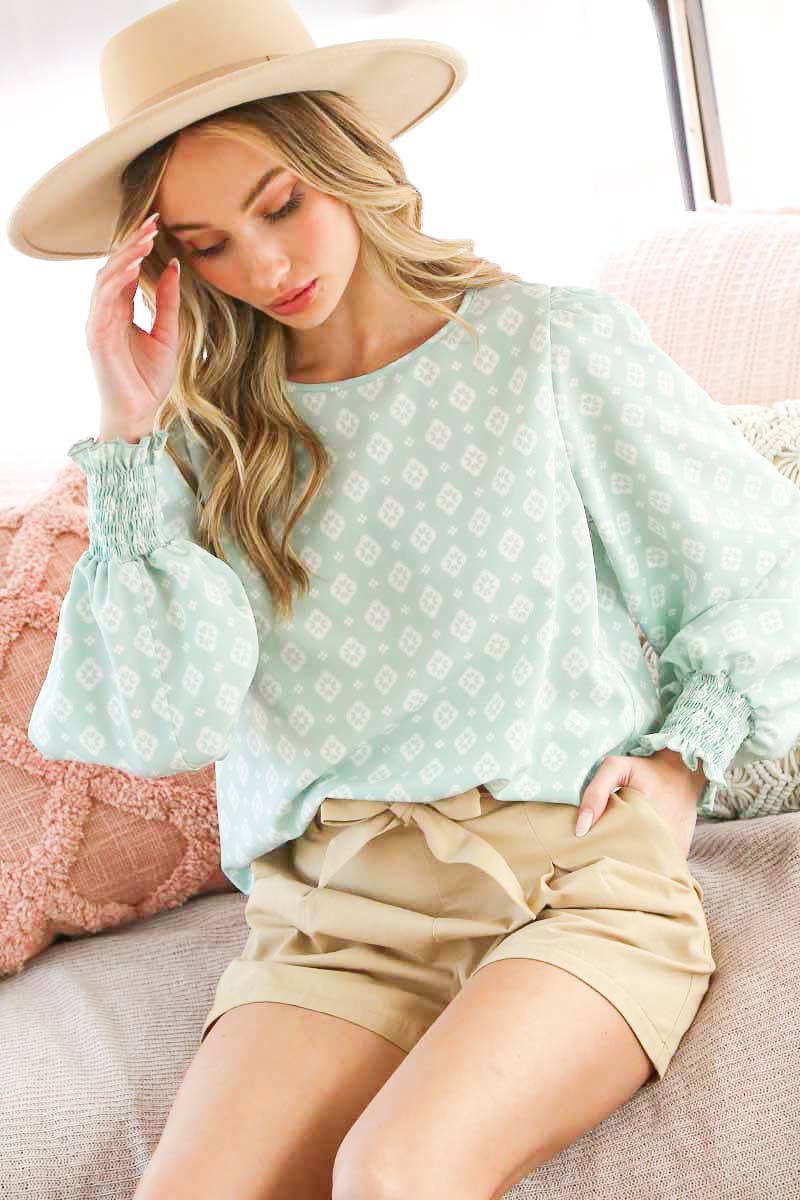 Geo Print Crew Neck Puff Sleeve Blouse
