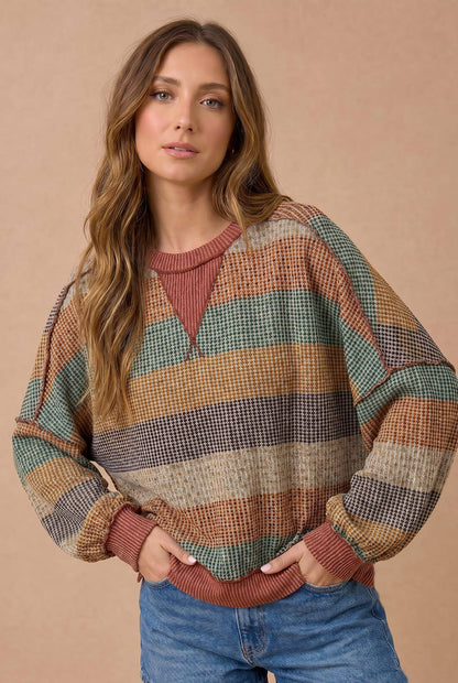 Stripe Waffle Wave Rib Banded Hem Pullover