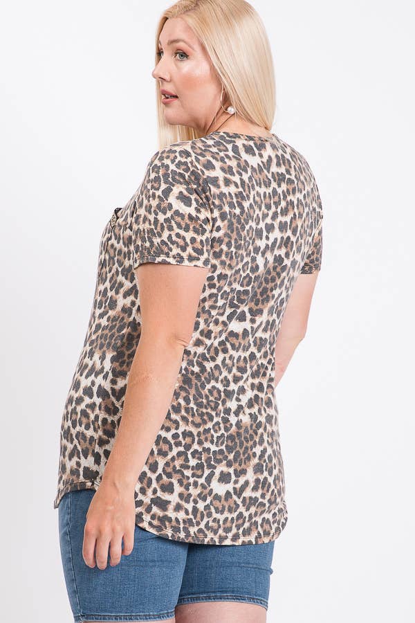 Leopard Print V neck Sequin Trim Tee