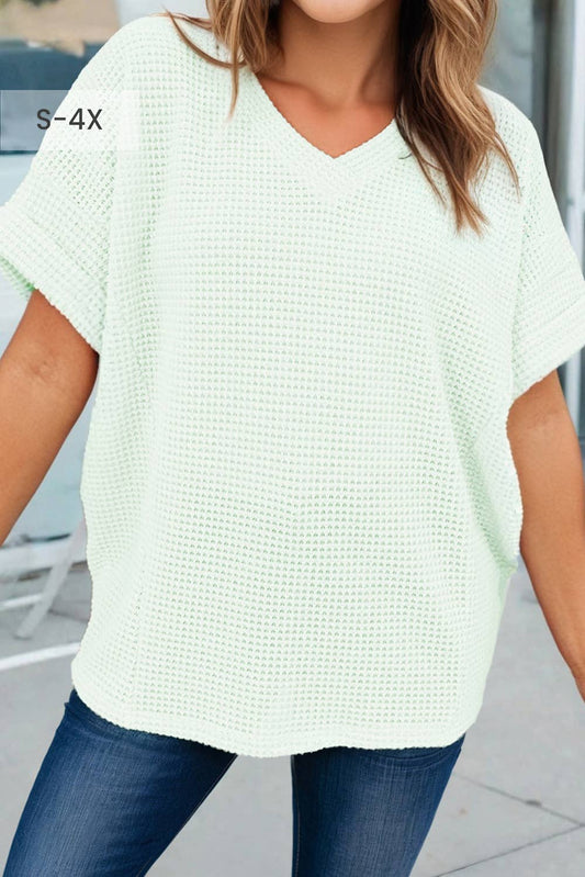 Waffle V Neck Short Sleeve Knit