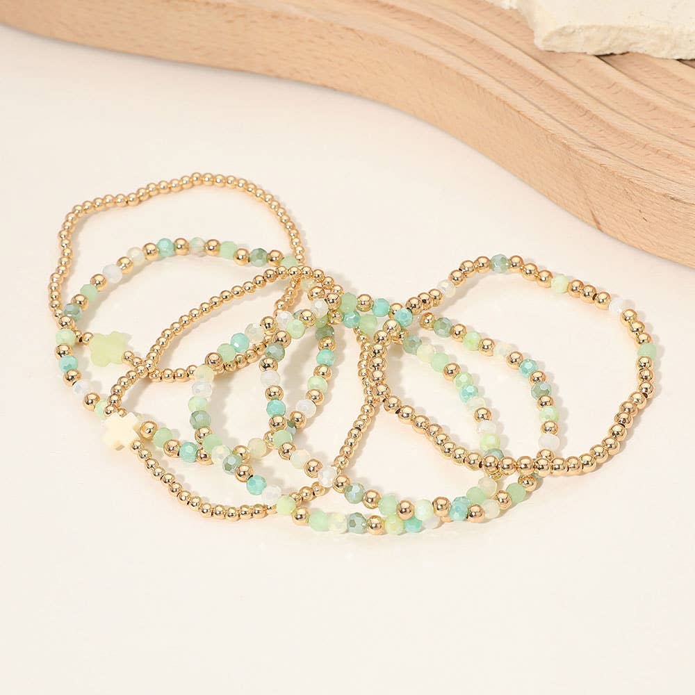 6PCS - Cross Charm Faceted Beaded Stretch Multi Layered Bracelets