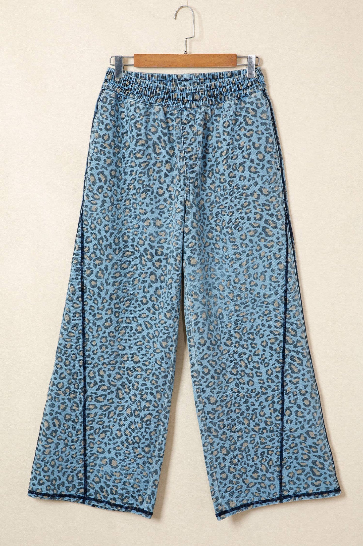 Leopard Print Exposed Seam Detail Wide Leg Drawstring Jeans