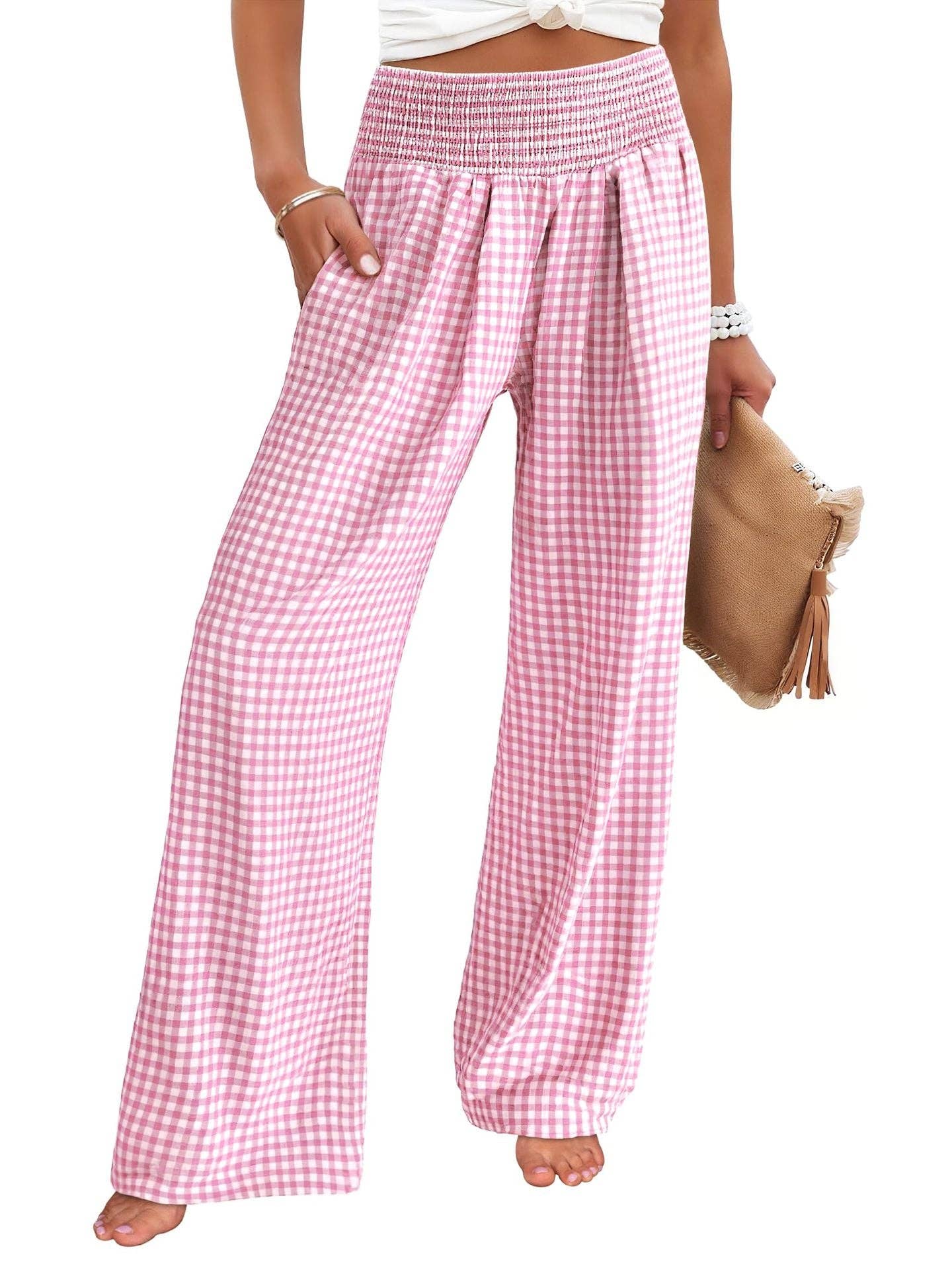 Gingham High Waist Wide Leg Pants with Pockets