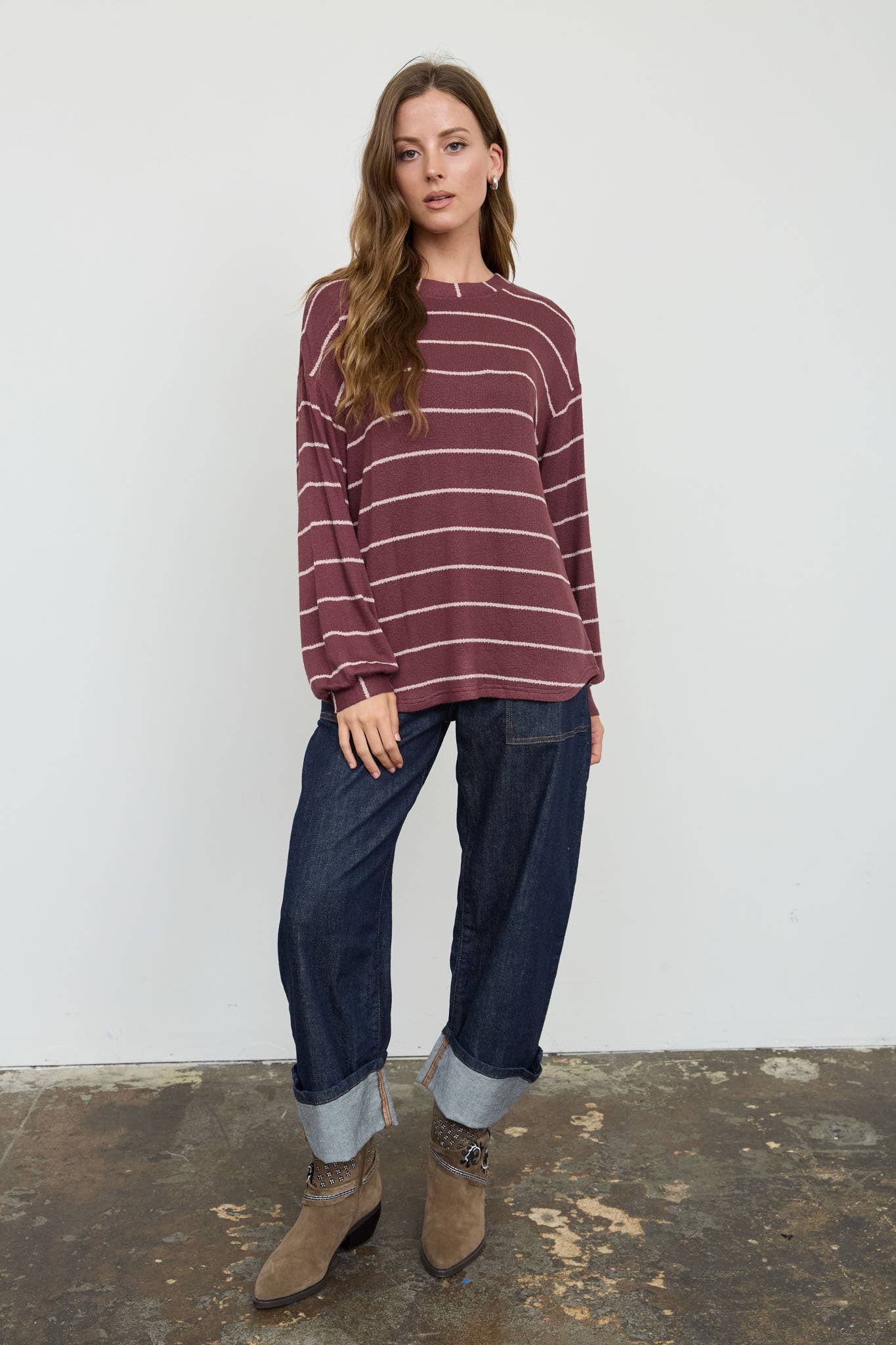 STRIPE LONG SLEEVE CUFFED RELAXED KNIT TOP